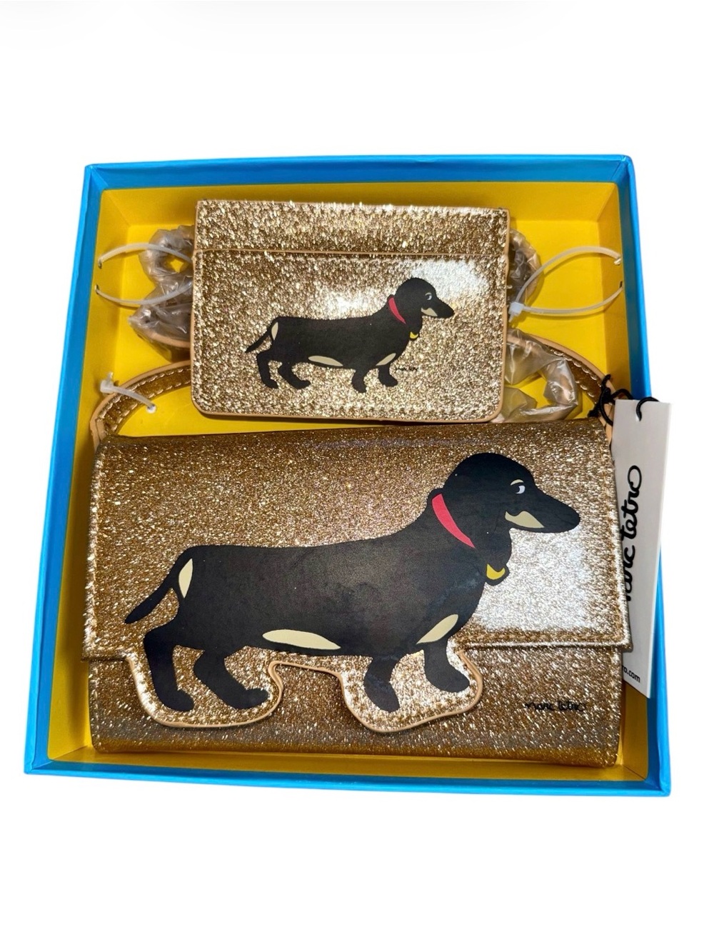 NEW! Gold Glitter Crossbody Bag Purse Marc Tetro Dachshund PU Leather Set